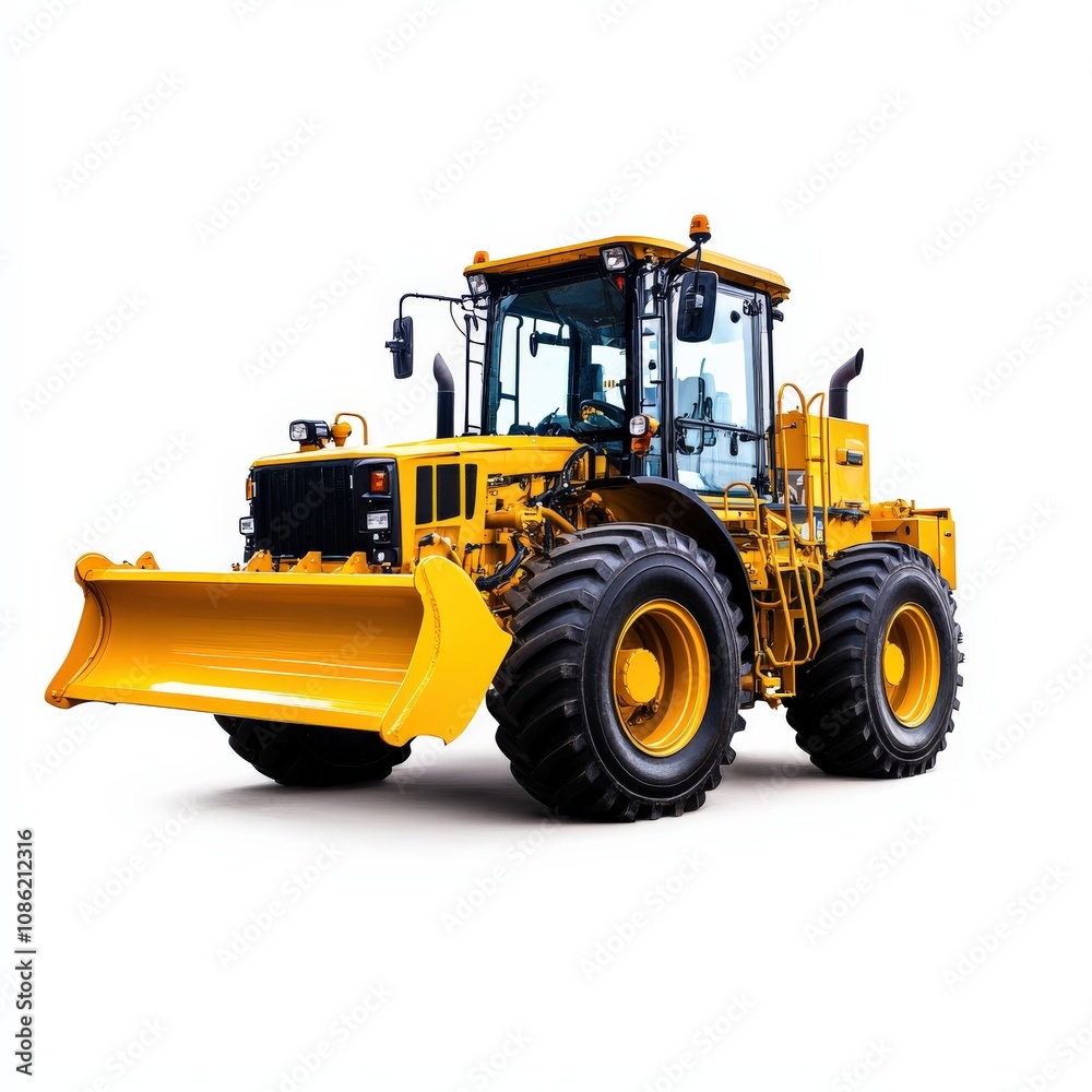 A bright yellow bulldozer with large tires and a front blade, designed for earthmoving and construction activities. A bright yellow bulldozer with large tires and a front blade, designed for earthmoving and construction activities.