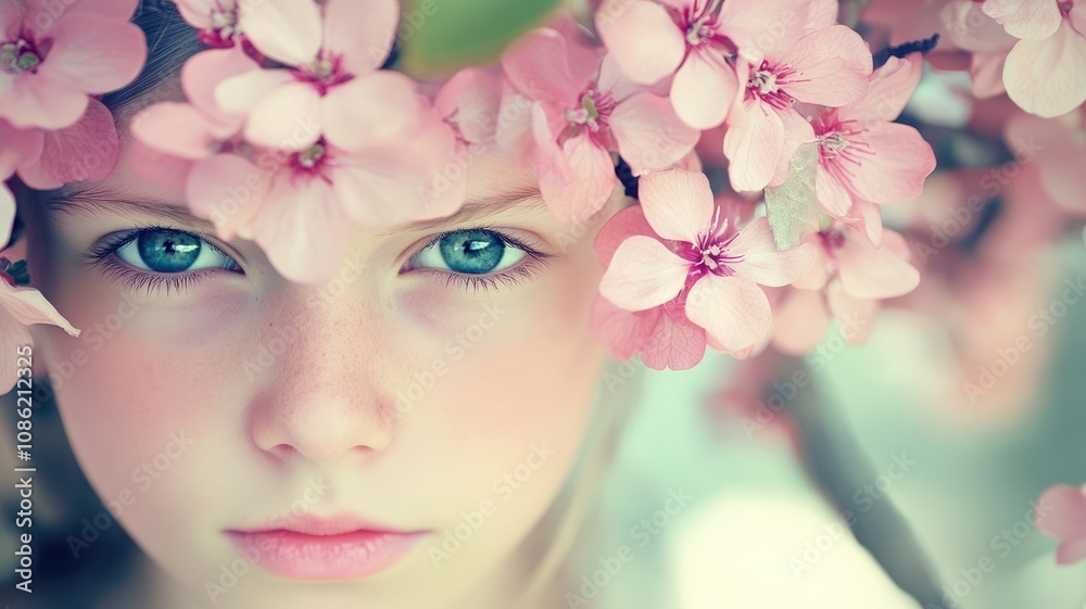 Young girl with flowers, blue-green eyes, and serene expression Young girl with flowers, blue-green eyes, and serene expression