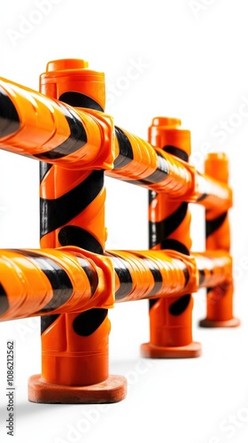 A row of orange and black striped traffic safety cones, suggesting a construction or hazard area, against a white background. photo