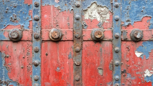 Weathered metal door with peeling blue and red paint, visible rust bolts