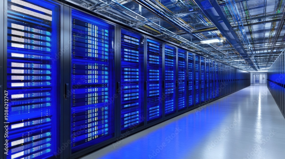 Vast data center with blue-lit server racks and complex wiring Vast data center with blue-lit server racks and complex wiring