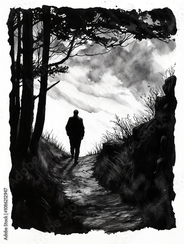 Monochrome silhouette man walking trough a Forest pathway towards light