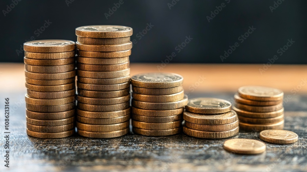Stacks of coins on rustic surface, showcasing varying heights, symbolizing economic growth and financial planning Stacks of coins on rustic surface, showcasing varying heights, symbolizing economic growth and financial planning