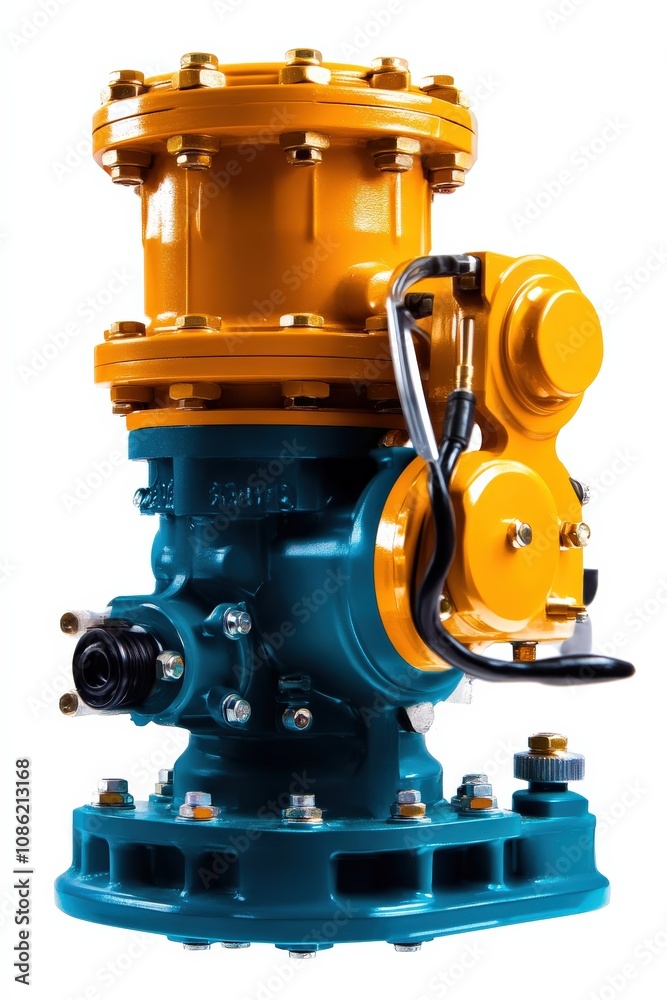 A colorful industrial valve featuring yellow and blue elements, designed for fluid control systems, emphasizing heavy-duty construction and engineering. A colorful industrial valve featuring yellow and blue elements, designed for fluid control systems, emphasizing heavy-duty construction and engineering.