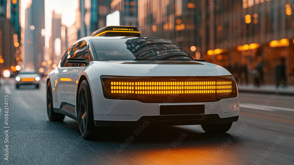 Futuristic autonomous taxi on urban street. Futuristic autonomous taxi on urban street.