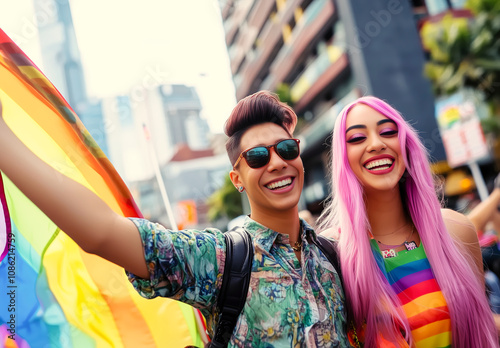 Joyful Pride Celebration in the City - LGBTIQ+ LGBTQ+ People. International lLGBTQ+ Pride Day. Diversity Awareness. Lesbian, Gay, Bisexual, Transgender, Queer or Questioning, Intersex, Asexual and Mor photo