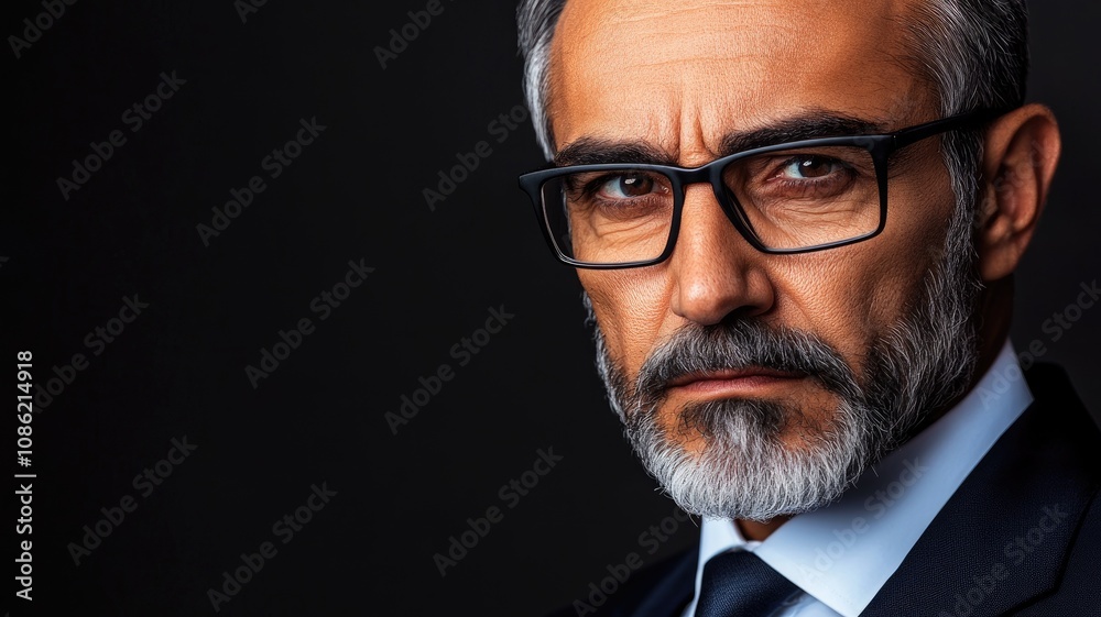 Mature man with glasses and gray beard in dark suit, serious expression, against black background Mature man with glasses and gray beard in dark suit, serious expression, against black background
