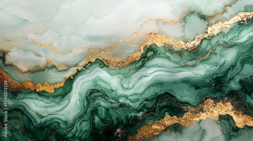 Abstract green and gold marble texture with fluid patterns.