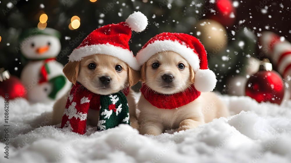 Two Adorable Puppies Dressed in Santa Hats and Scarves in a Snowy Winter Wonderland Two Adorable Puppies Dressed in Santa Hats and Scarves in a Snowy Winter Wonderland