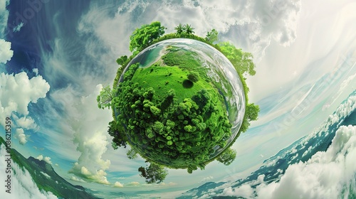 A Green Planet on White Background for Energy Conservation - A Vision of Sustainable Future. The Green Planet Symbolizes Life and Hope, with Its Lush Appearance Inspiring the Idea of Saving Energy