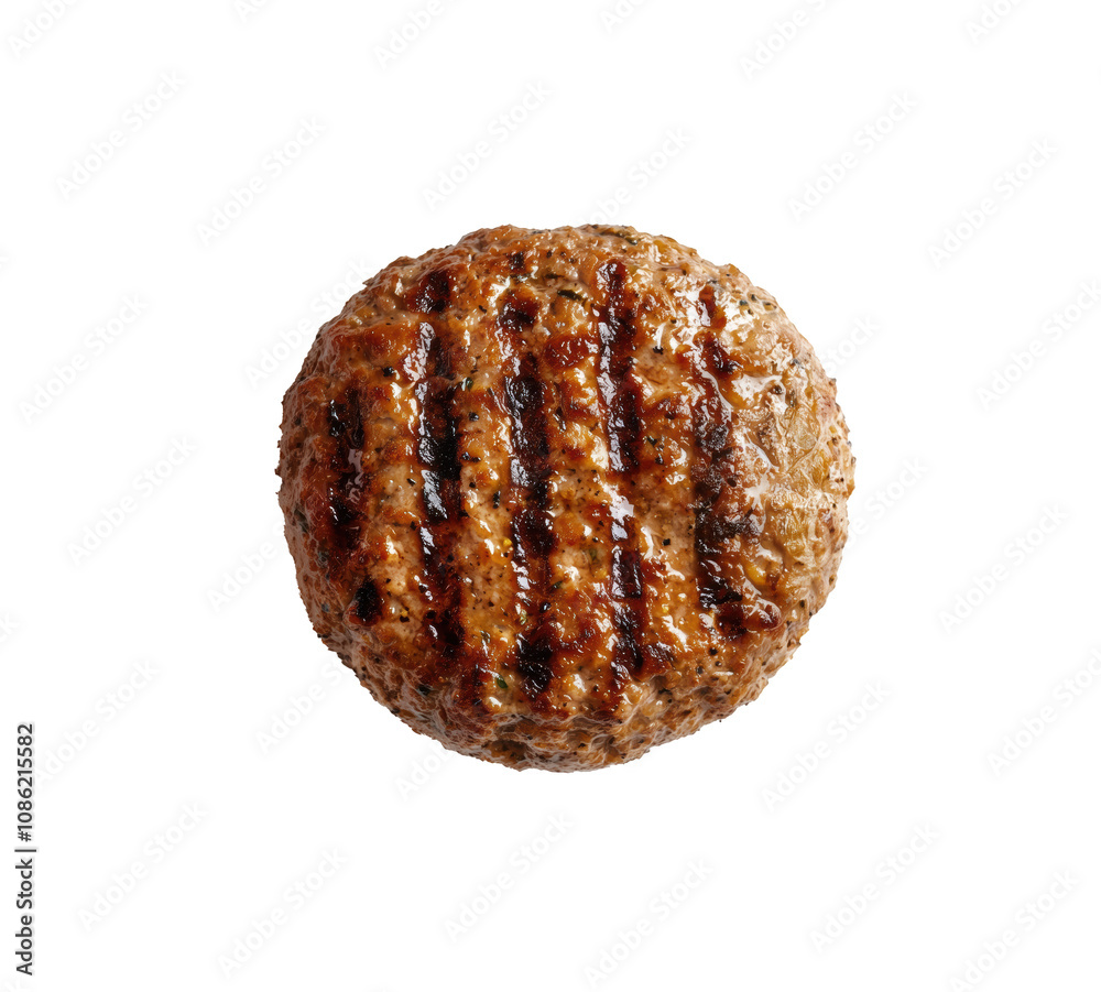 Grilled burger patty with char marks on white background Grilled burger patty with char marks on white background
