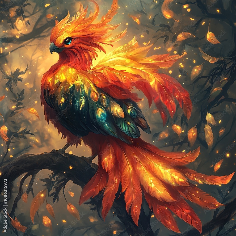 Fiery Phoenix Bird Majestically Perched On Branch Fiery Phoenix Bird Majestically Perched On Branch
