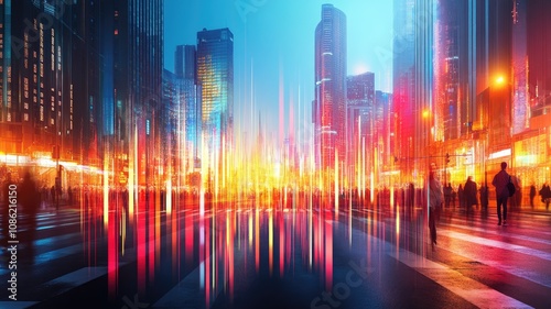 Abstract cityscape with colorful lights, people walking at dusk