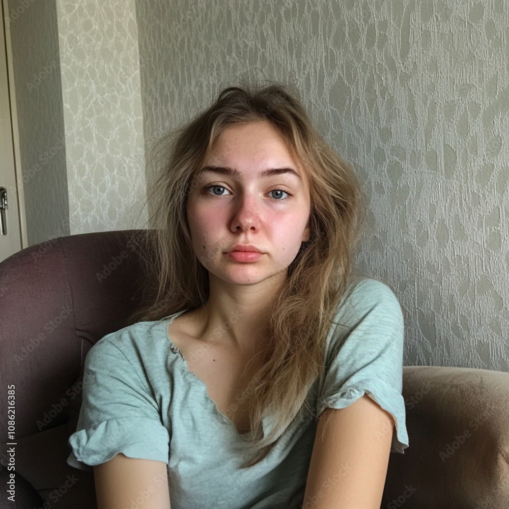 The girl is 25 years. not well-groomed. skin on the face with pimples. Sitting in a chair at home, taking a selfie. The girl is 25 years. not well-groomed. skin on the face with pimples. Sitting in a chair at home, taking a selfie.