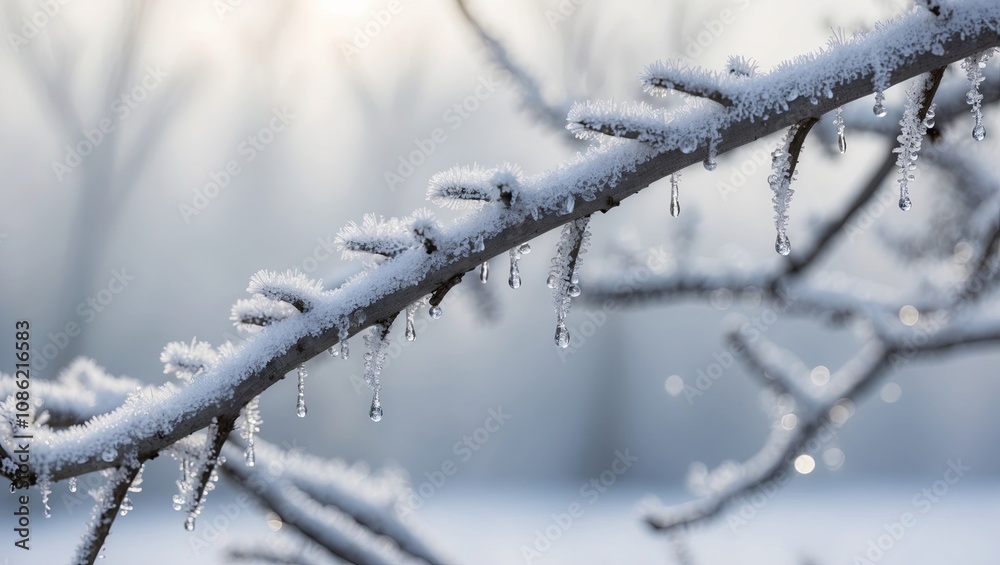 A Frosty Branch adorned with Snow and Icicles within a Captivating Winter Landscape A Frosty Branch adorned with Snow and Icicles within a Captivating Winter Landscape