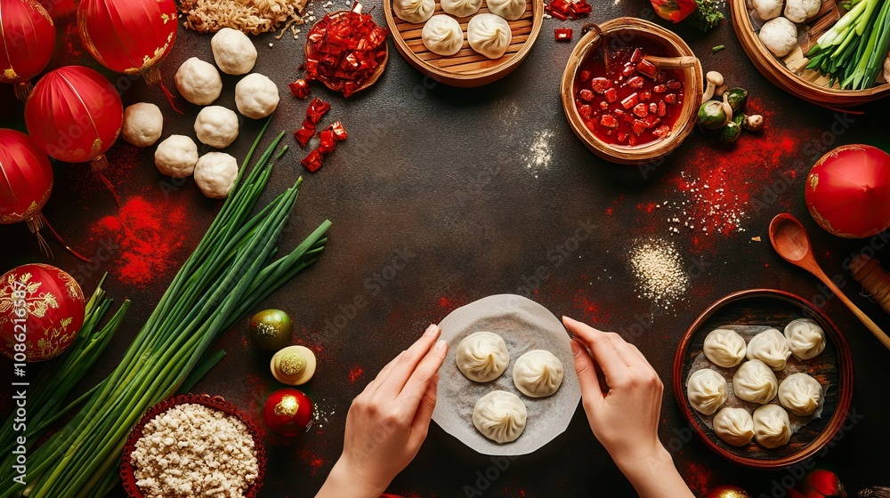 Festive table with dumplings and traditional ingredients for chinese new year celebration concept Festive table with dumplings and traditional ingredients for chinese new year celebration concept