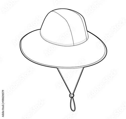 Garden Bucket Hat with Cord Stopper. Summer Head Fashion accessory cap with wide brim clothing technical illustration. Vector headgear for Men, women, unisex, flat template CAD mockup sketch outline