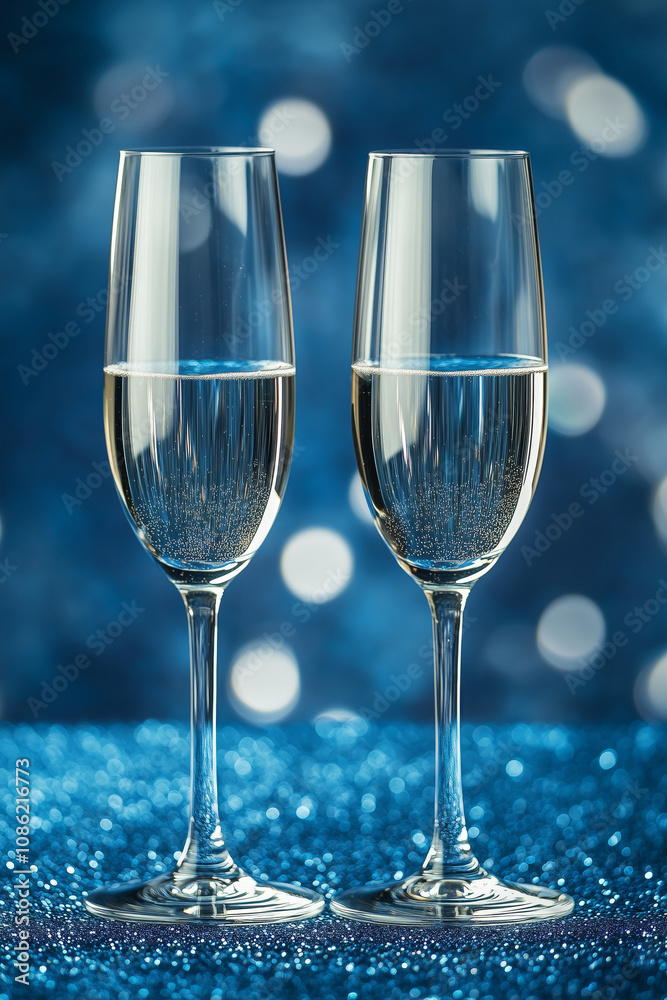 Glasses of sparkling wine on a vibrant festive background with bokeh and glitter Glasses of sparkling wine on a vibrant festive background with bokeh and glitter
