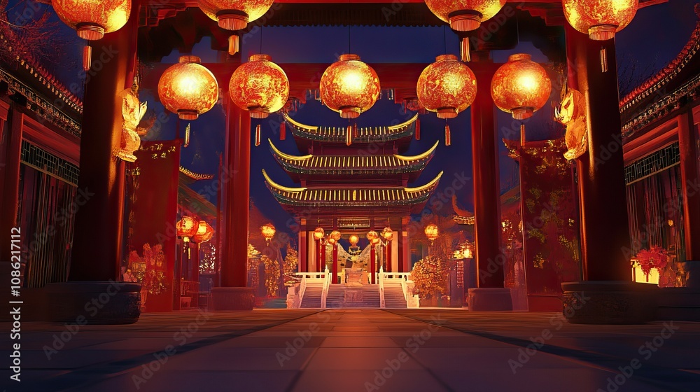 Obraz premium Traditional chinese lanterns illuminating an ornate temple entrance at night celebrating chinese new year