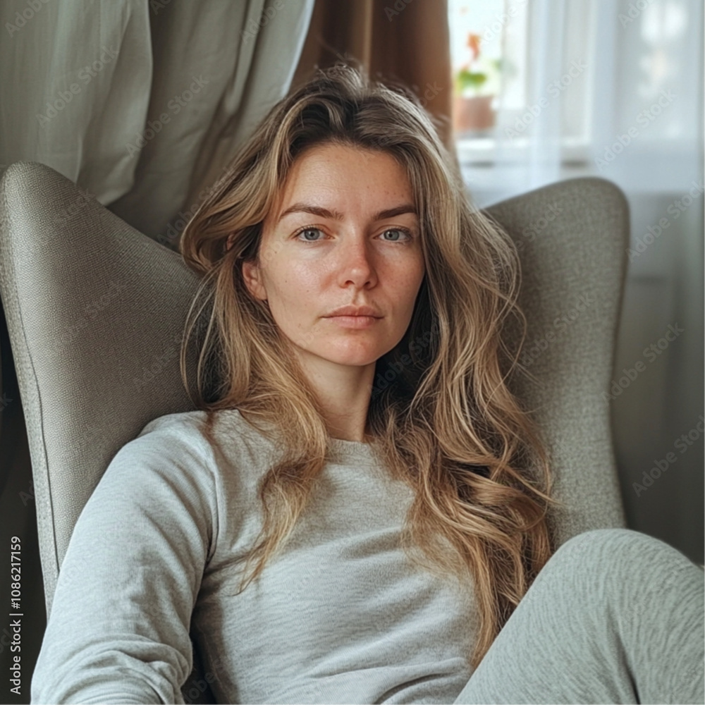 The girl is 35 years. not well-groomed. skin on the face with pimples. Sitting in a chair at home, taking a selfie. The girl is 35 years. not well-groomed. skin on the face with pimples. Sitting in a chair at home, taking a selfie.
