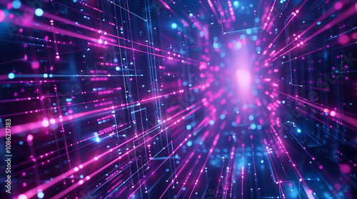 Wallpaper Mural An abstract concept of digital connectivity, glowing neon lines connecting futuristic data nodes, deep blue and purple tones with soft glowing effects Torontodigital.ca