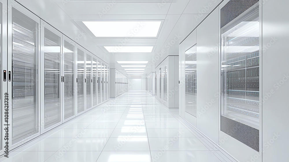 Modern data center filled with organized server racks and bright lighting, emphasizing efficiency and technology in a sleek environment Modern data center filled with organized server racks and bright lighting, emphasizing efficiency and technology in a sleek environment