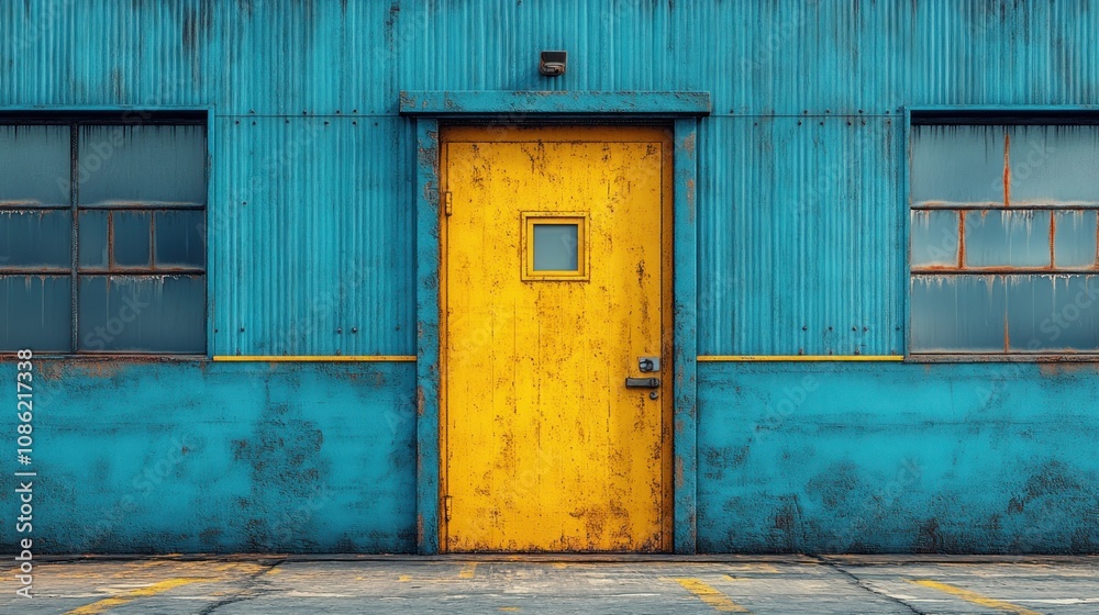 A weathered blue building with a bright yellow door and windows. A weathered blue building with a bright yellow door and windows.