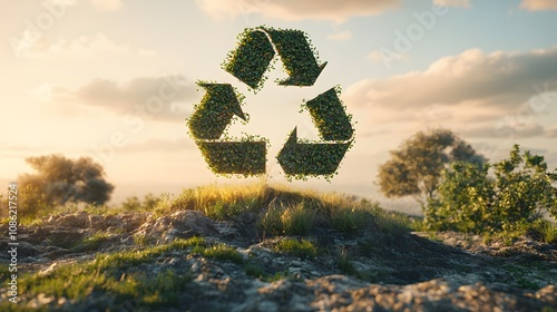 Nature's Plea Through the Recycling Symbol: Highlighting the Imperative of Climate Protection and Waste Minimization. 3d rendering.