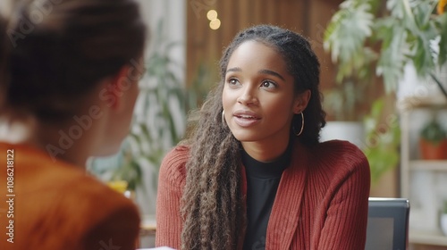 Young woman attentively listening to friend during casual conversation.