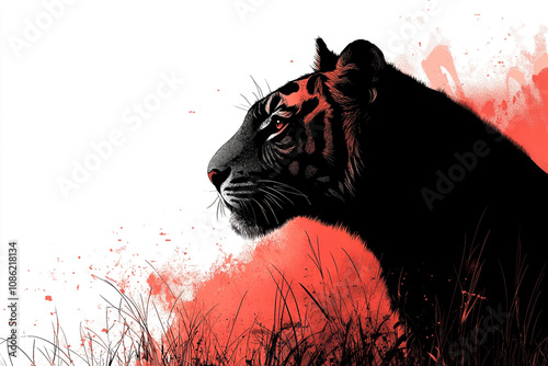 Majestic Tiger Profile Against Red Sunset Grass