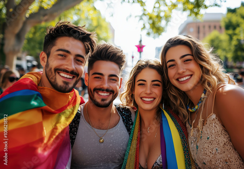 Happy Pride Celebration - Diverse Group Smiles - LGBTIQ+ LGBTQ+ People. International lLGBTQ+ Pride Day. Diversity Awareness. Lesbian, Gay, Bisexual, Transgender, Queer or Questioning, Intersex, Asexu photo