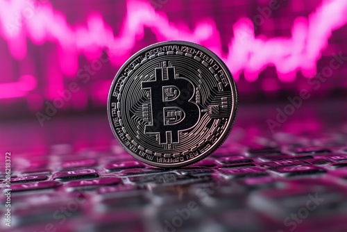 Close-up of a Bitcoin coin displayed against a vibrant pink backdrop featuring a fluctuating financial chart.