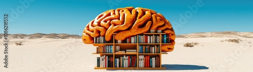 A large, stylized brain made of orange material sits atop a wooden bookshelf filled with books, set against a desert landscape.