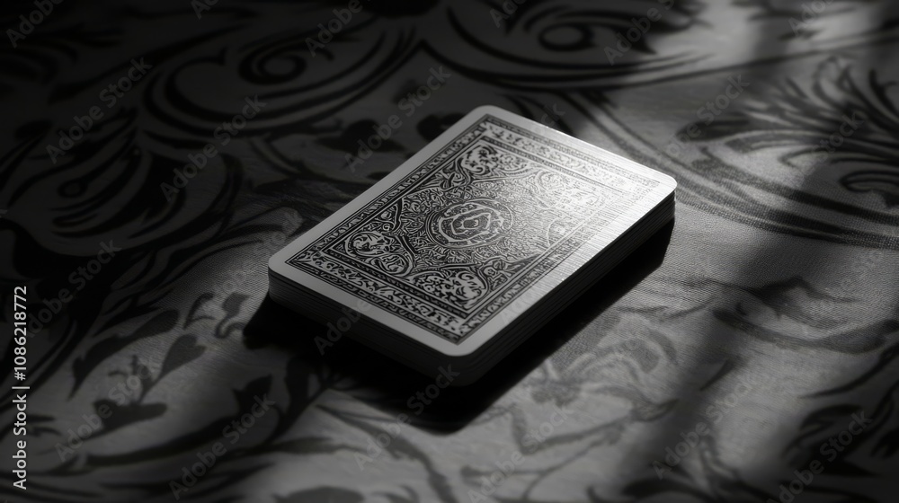 A single playing card with a detailed design lies on a patterned surface. A single playing card with a detailed design lies on a patterned surface.