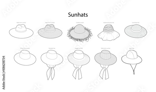 Set of Sunhats with names - Packable, Floppy, Safari Hat with Crafted, Gathered Bucket Cartwheel Head Fashion accessory cap technical illustration. Vector headgear flat template mockup sketch outline
