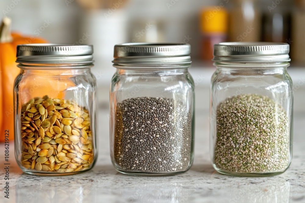 Three glass jars showcase vibrant pumpkin, hemp, and chia seeds, arranged neatly on a kitchen counter near a decorative pumpkin. Generative AI Three glass jars showcase vibrant pumpkin, hemp, and chia seeds, arranged neatly on a kitchen counter near a decorative pumpkin. Generative AI