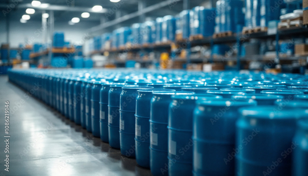 Rows of blue industrial drums in a spacious warehouse emphasize organization, logistics, and inventory management.
Rows of blue industrial drums in a spacious warehouse emphasize organization, logistics, and inventory management.