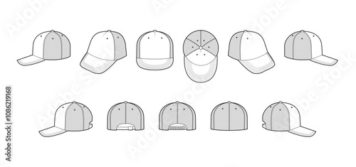 Set of Trucker Net Cap Hat with mesh. Summer Head Fashion accessory clothing technical illustration. Vector headgear for Men, women, unisex style, flat template CAD mockup sketch outline isolated