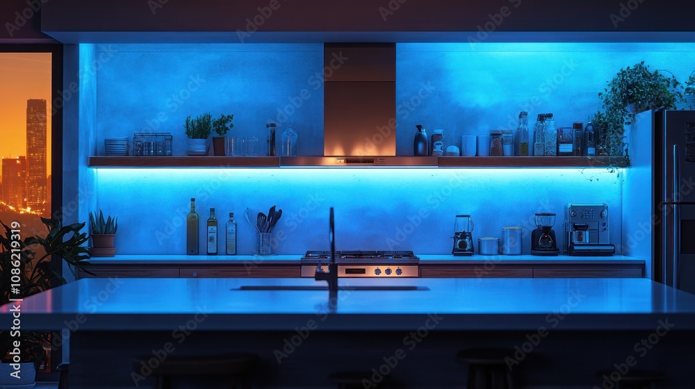 Modern kitchen with blue ambient lighting and sleek design. Modern kitchen with blue ambient lighting and sleek design.