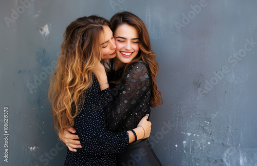 Two Women Embrace in Affectionate Hug - LGBTIQ+ LGBTQ+ People. International lLGBTQ+ Pride Day. Diversity Awareness. Lesbian, Gay, Bisexual, Transgender, Queer or Questioning, Intersex, Asexual and Mo photo