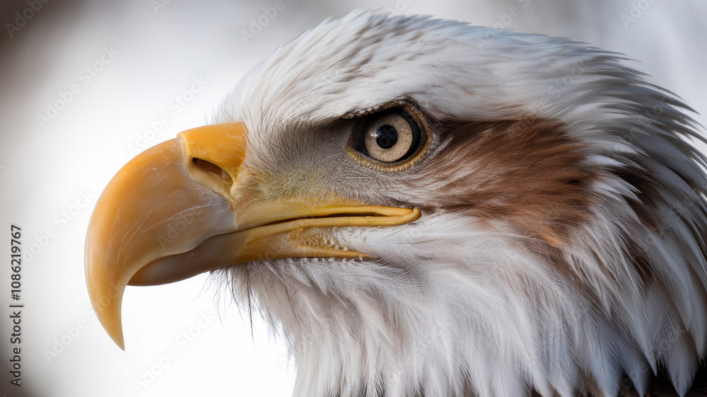 Obraz premium Close-up of a majestic Bald Eagle showcasing its sharp beak and intense gaze, highlighting the intricate details of its feathers.