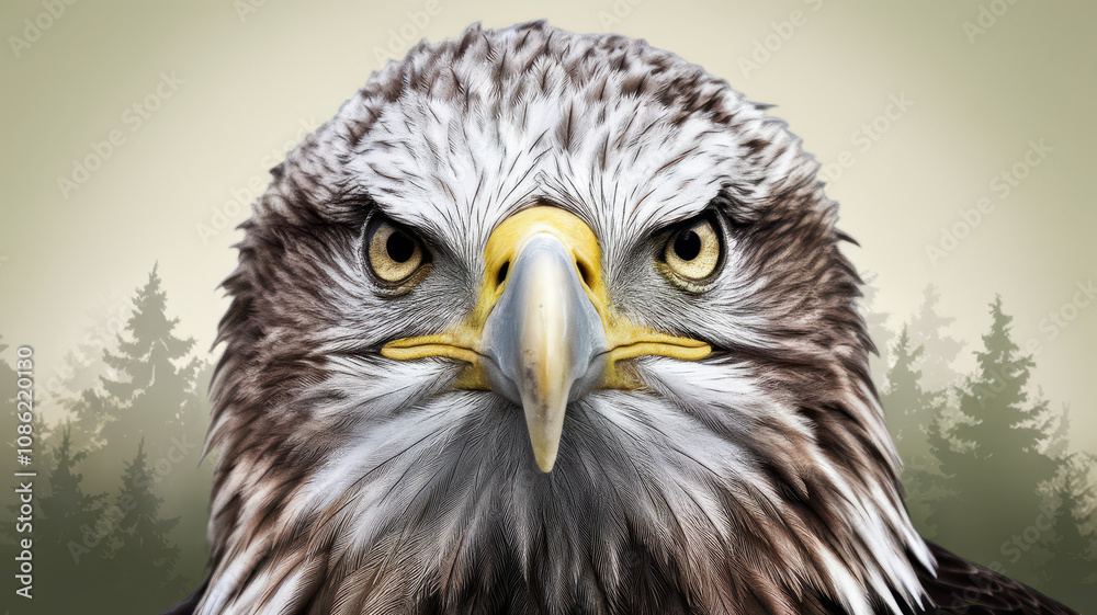 Obraz premium A majestic adult eagle gazes directly at the viewer, showcasing its piercing yellow eyes and intricate feather details against a softly blurred forest background.