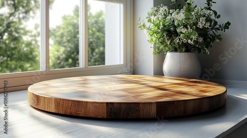 Rustic Wooden Cutting Board on Window Sill, bathed in Sunlight