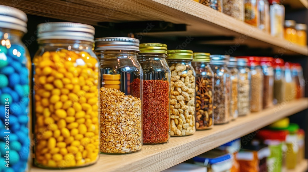A colorful array of jars filled with various grains, seeds, and snacks neatly arranged on wooden shelves, showcasing a vibrant pantry display. A colorful array of jars filled with various grains, seeds, and snacks neatly arranged on wooden shelves, showcasing a vibrant pantry display.