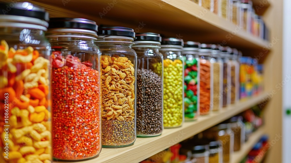 Colorful jars filled with various candies and snacks neatly organized on a shelf, creating a vibrant and inviting display. Colorful jars filled with various candies and snacks neatly organized on a shelf, creating a vibrant and inviting display.