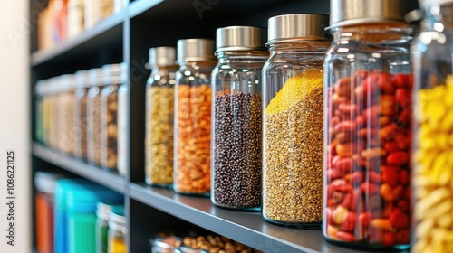 A vibrant display of glass jars filled with various colorful spices and grains, neatly arranged on a shelf, showcasing an organized kitchen setting.