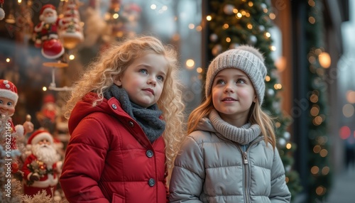 Two adorable girls stand in front of a festive holiday display, their eyes sparkling with wonder as they admire the cheerful decorations. Dressed warmly in cozy jackets, one in a vibrant red and the