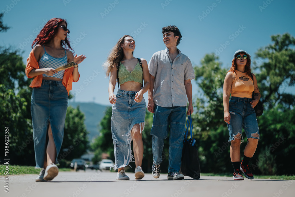 © qunica.com - Group of friends walking outside on a sunny day, enjoying each other's company, laughing and bonding together.