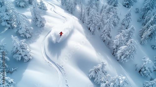 Aerial view of a lone skier carving fresh tracks through untouched snow in a serene winter forest landscape