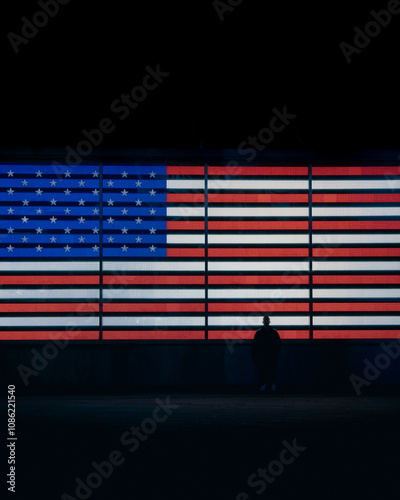 Glowing American Flag LED Display at Night in Times Square, NYC with Solitary Silhouette